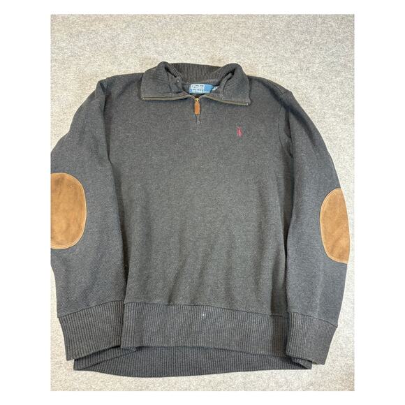 Vintage 90s Polo Ralph Lauren Sweater Mens L Gray 1/4 Zip Pullover Elbow Patch - Picture 1 of 4